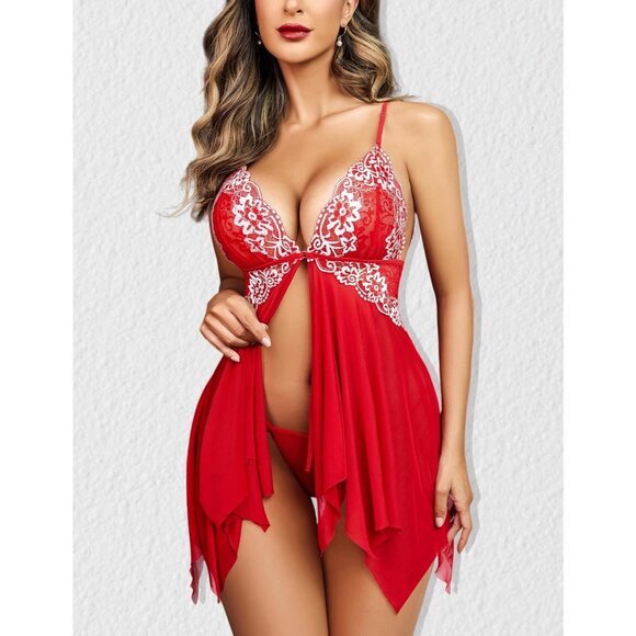 Women's V Neck Lace Chemise & Thong Lingerie Set - Picture 5 of 6